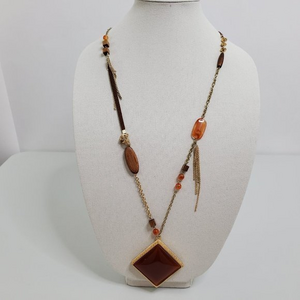 Chicos Necklace Orange Plastic‎ Wood Fringe Beaded